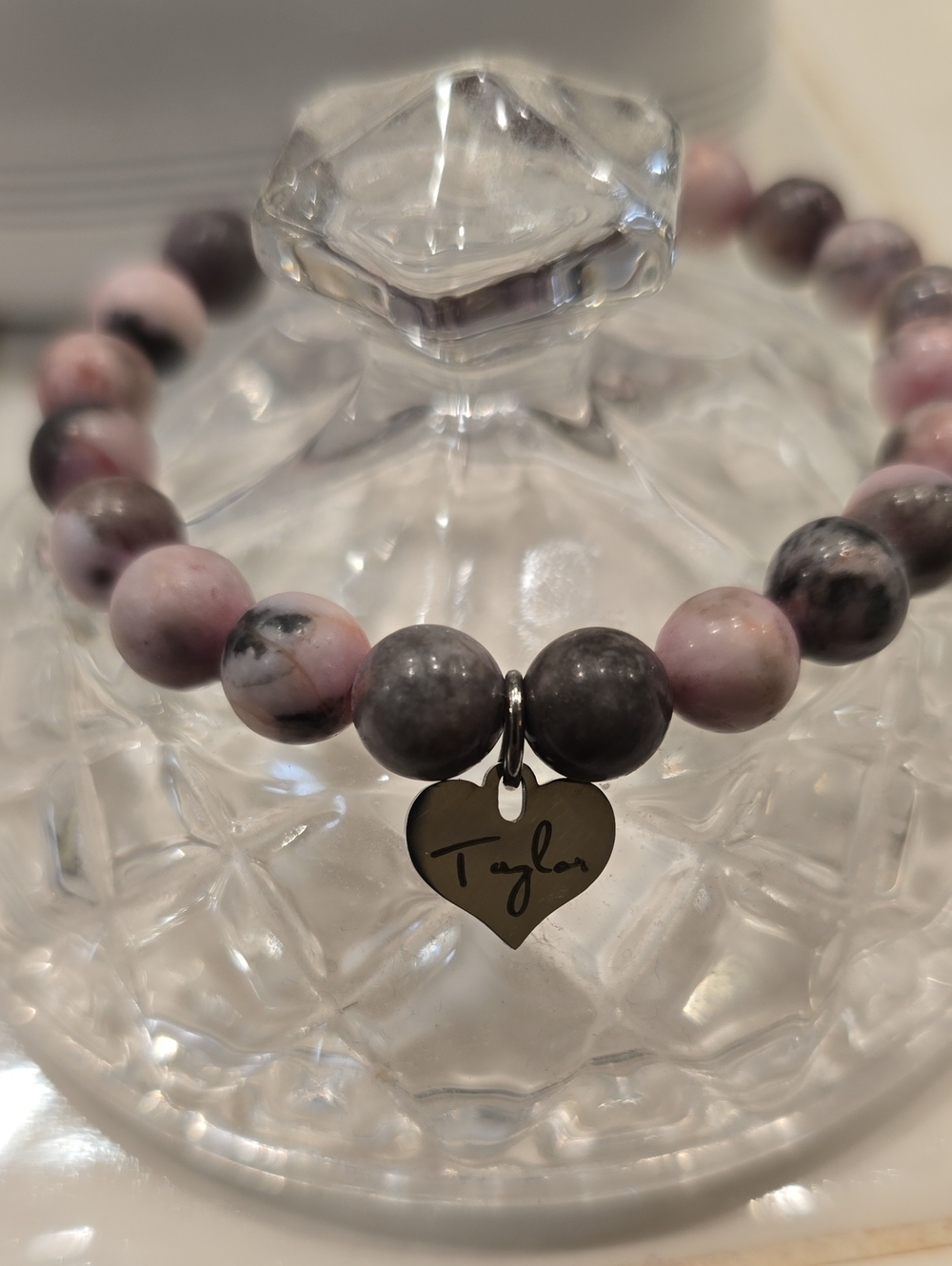 Personalized Pink and Gray Beaded Stone Bracelet with Heart Name Charm